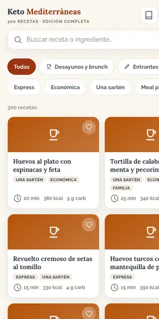 La app en uso: recorriendo las recetas, abriendo una y viendo el plan de 21 días