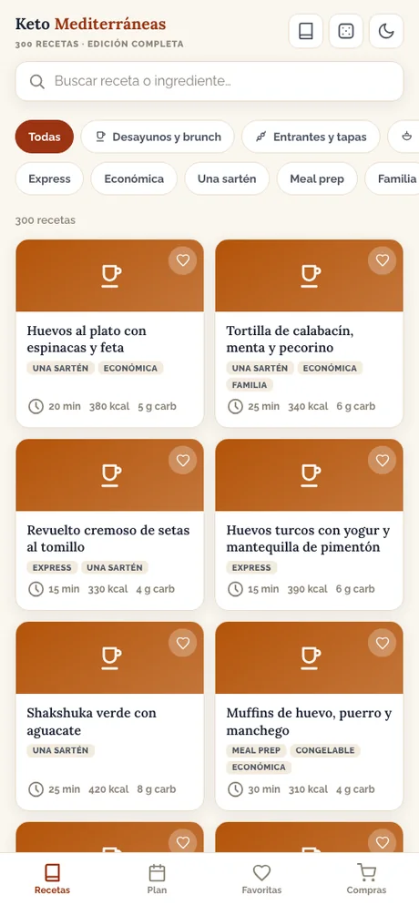Pantalla de la app con las 300 recetas, buscador y filtros