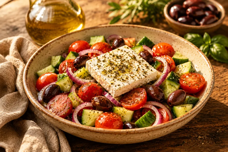 Ensalada griega con feta, aceitunas kalamata y tomates cherry