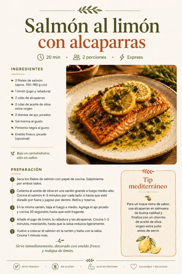 Página del ebook: receta de salmón al limón con alcaparras, con ingredientes, preparación y tip mediterráneo
