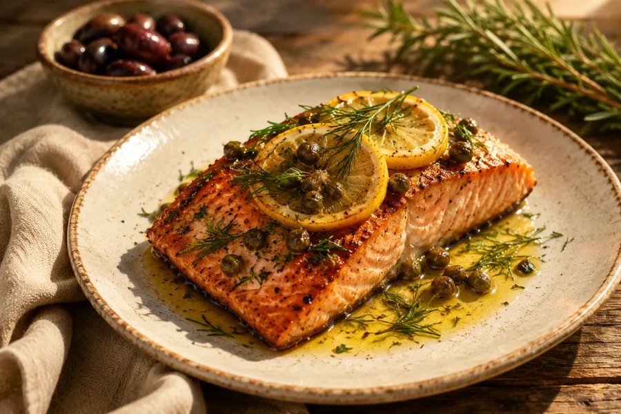 Salmón al limón con alcaparras servido en plato de cerámica