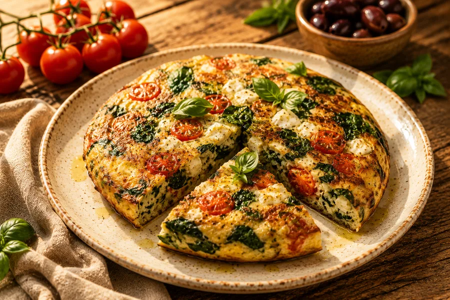 Tortilla mediterránea de espinaca, tomate y feta